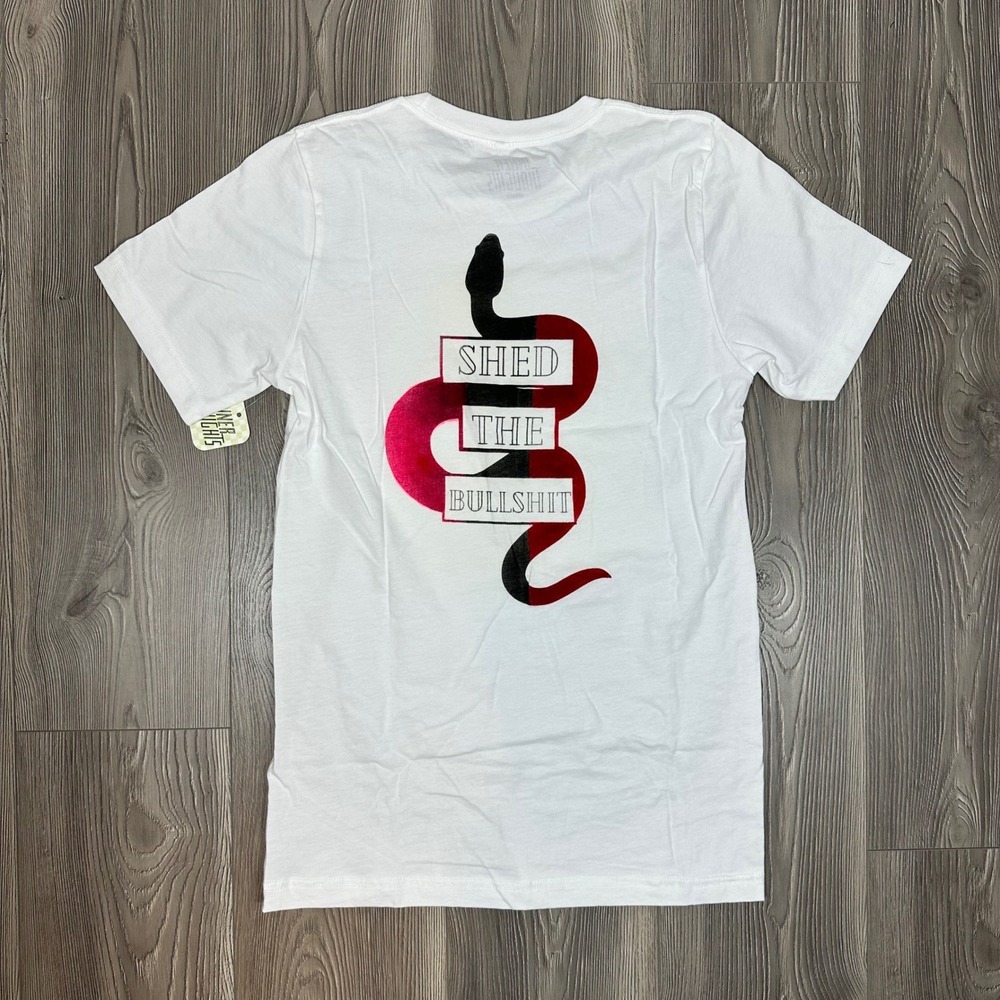 Inner Thoughts Shed the BS Snake Graphic Tee with Pink Patchwork Detail - SIZE S